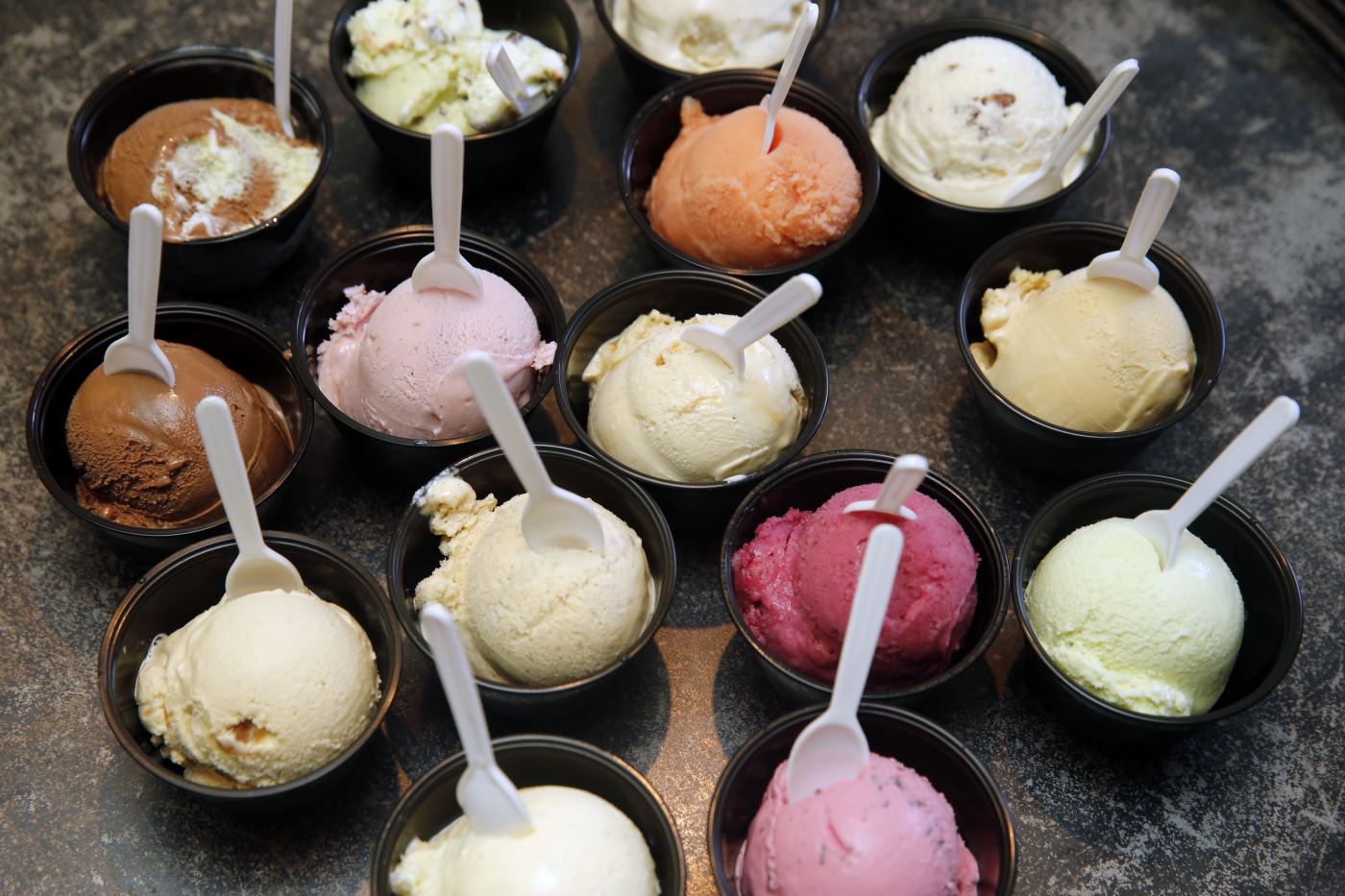 Tubs of gelato in many flavours