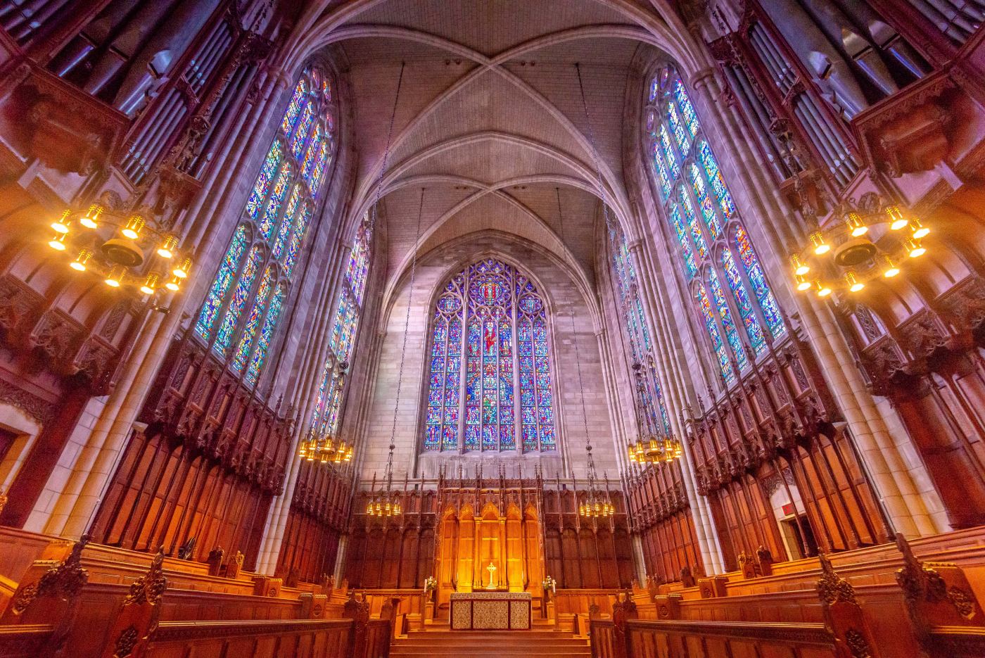 Stained glass and vaulting inside the Princeton University Chapel