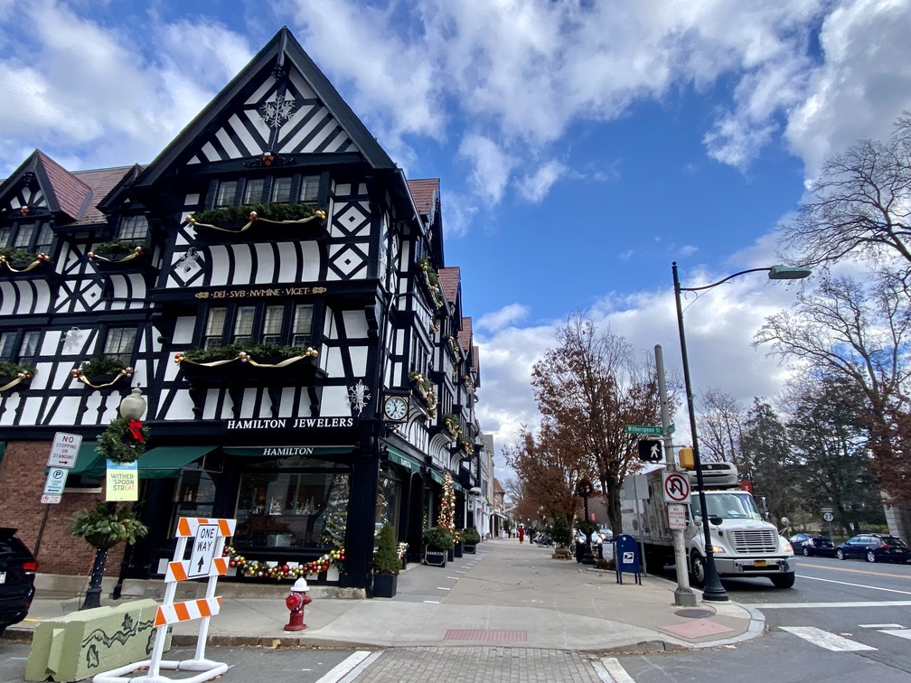 Half-timbered Tudor shopfronts decorated for Christmas