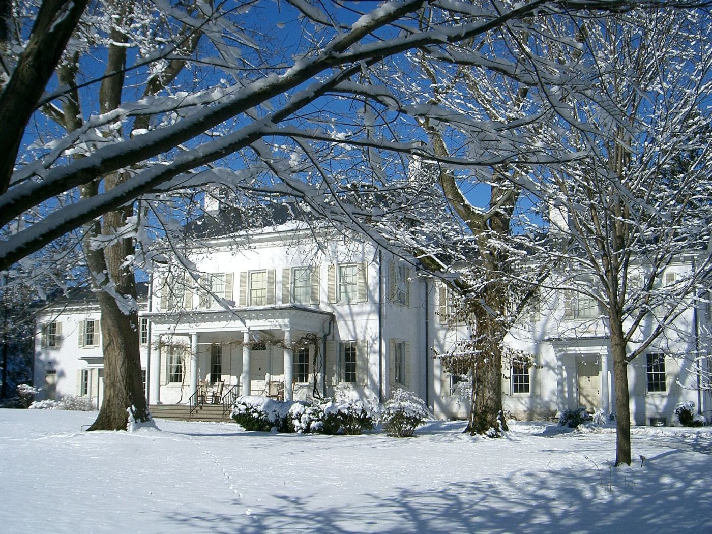 Morven, a white colonial mansion, under fresh snow