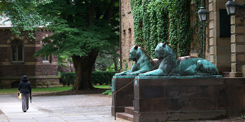 The bronze tigers outside Nassau Hall as someone walks past