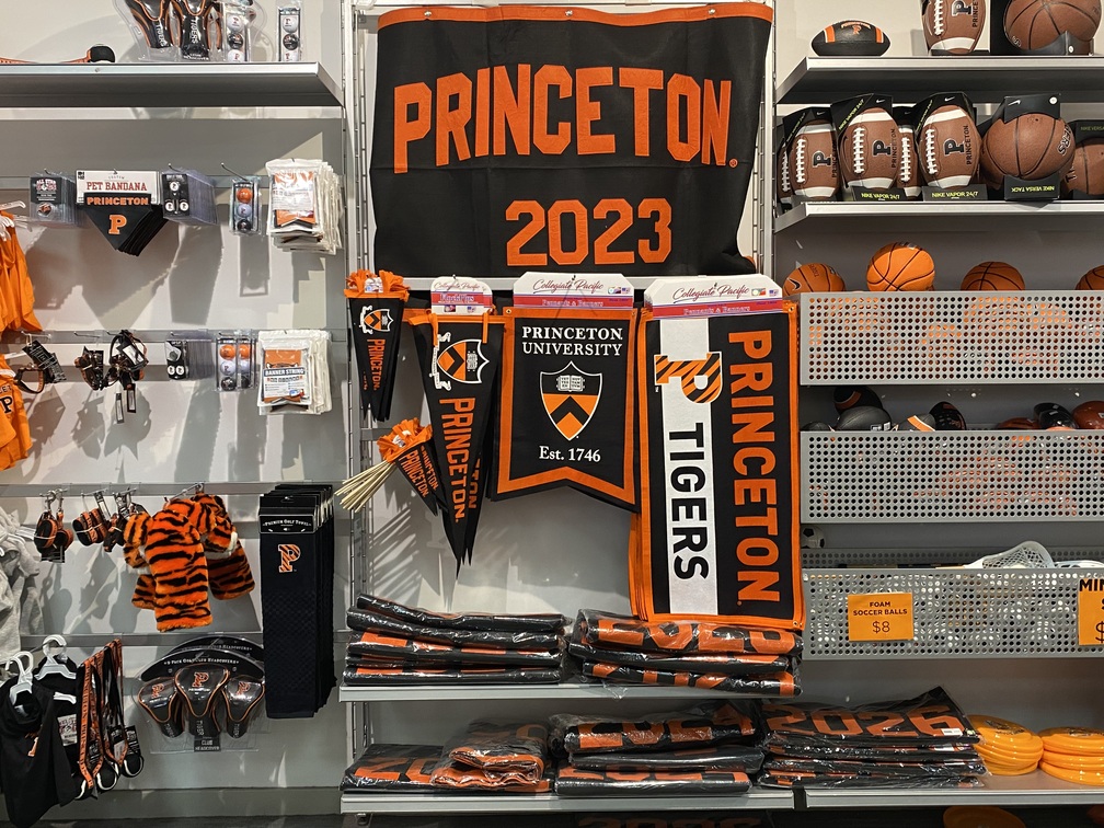 Princeton pennants and sporting goods on store shelves